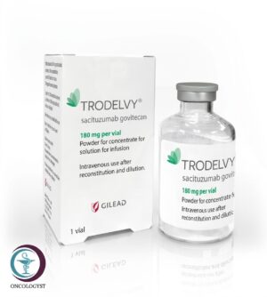 علبة كرتونية وقارورة حقن لدواء ترودلفي 200 mg Trodelvy المتاحة للشحن الطبي الموثوق من صيدلية اونكولوجيست في السعودية والرياض.