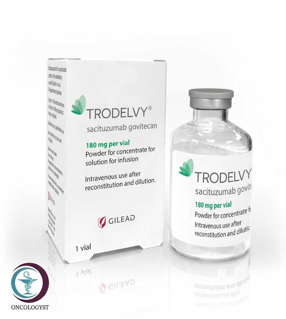 64c224cb-9127-49b5-b6a5-ad5c8a18dd3e علبة كرتونية وقارورة حقن لدواء ترودلفي 200 mg Trodelvy المتاحة للشحن الطبي الموثوق من صيدلية اونكولوجيست في السعودية والرياض.