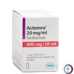 علبة كرتونية وقارورة محلول حقن لدواء اكتيمرا 400 mg Actemra المتاحة للشحن الطبي الموثوق من صيدلية اونكولوجيست في السعودية والرياض.