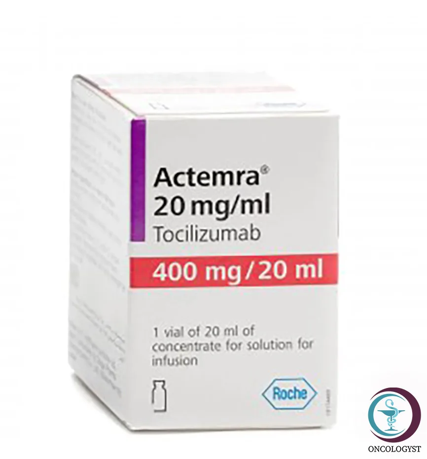 علبة كرتونية وقارورة محلول حقن لدواء اكتيمرا 400 mg Actemra المتاحة للشحن الطبي الموثوق من صيدلية اونكولوجيست في السعودية والرياض.