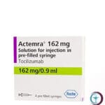 علبة كرتونية بيضاء لمحقنة معبأة مسبقاً لدواء اكتيمرا 162 mg Actemra المتاحة للشحن الطبي الموثوق من صيدلية اونكولوجيست في السعودية والرياض.