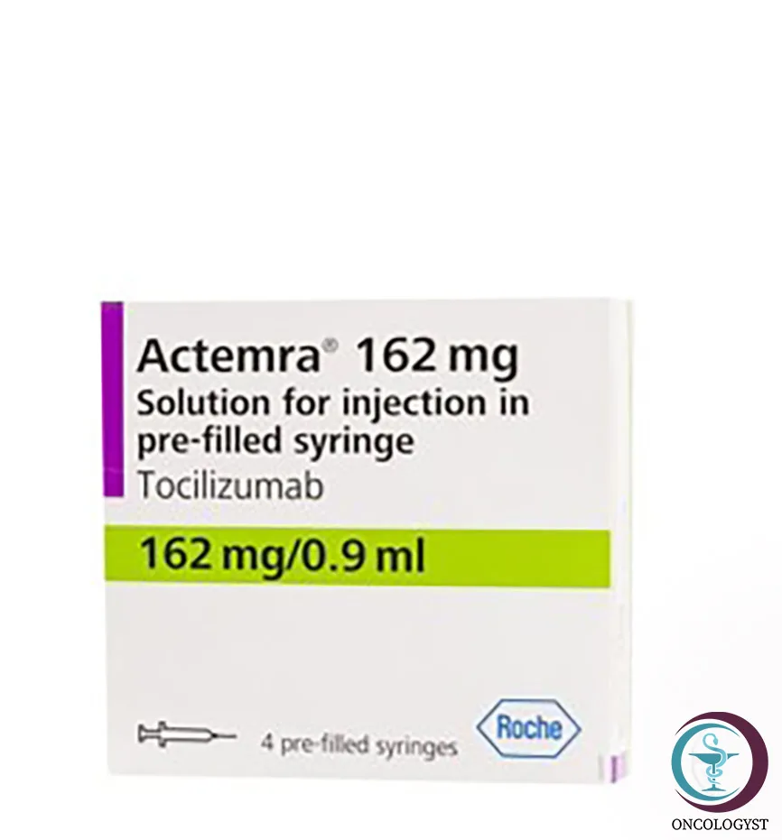 علبة كرتونية بيضاء لمحقنة معبأة مسبقاً لدواء اكتيمرا 162 mg Actemra المتاحة للشحن الطبي الموثوق من صيدلية اونكولوجيست في السعودية والرياض.