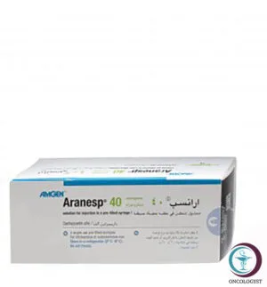 علبة كرتونية بيضاء ومحقنة معبأة مسبقاً لدواء ارانسب 40 mcg Aranesp المتاحة للشحن الطبي الموثوق من صيدلية اونكولوجيست في السعودية والرياض.