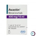 علبة كرتونية وقارورة محلول حقن لدواء أفاستين 400 mg Avastin المتاحة للشحن الطبي الموثوق من صيدلية اونكولوجيست في السعودية والرياض.