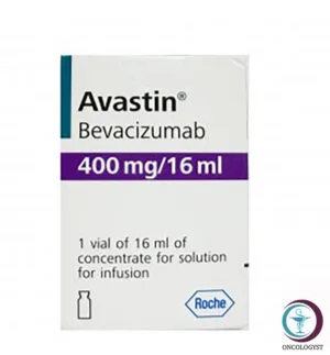 علبة كرتونية وقارورة محلول حقن لدواء أفاستين 400 mg Avastin المتاحة للشحن الطبي الموثوق من صيدلية اونكولوجيست في السعودية والرياض.