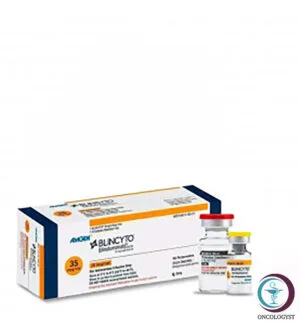 علبة كرتونية بيضاء وبرتقالية وقارورة مسحوق حقن لدواء بلينسيتو 35 mcg Blincyto المتاحة للشحن الطبي الموثوق من صيدلية اونكولوجيست في السعودية والرياض.