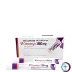 علبة كرتونية بيضاء وحمراء وقلم حقن لدواء كوسينتكس 150 mg / 1 ml Cosentyx المتاح للشحن الطبي الموثوق في السعودية والرياض.