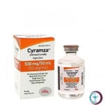 علبة كرتونية بيضاء وبشريط برتقالي وقارورة محلول دواء سيرامزا 500 mg / 50 ml Cyramza المتاحة للشحن الطبي الموثوق في السعودية والرياض.