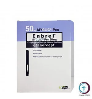 علبة كرتونية بيضاء وقلم حقن معبأ مسبقاً لدواء انبريل 50 mg Enbrel المتاحة للشحن الطبي الموثوق من صيدلية اونكولوجيست في السعودية والرياض.