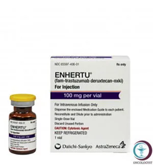 علبة كرتونية وقارورة مسحوق حقن لدواء انهيرتو 100 mg Enhertu المتاحة للشحن الطبي الموثوق من صيدلية اونكولوجيست في السعودية والرياض.