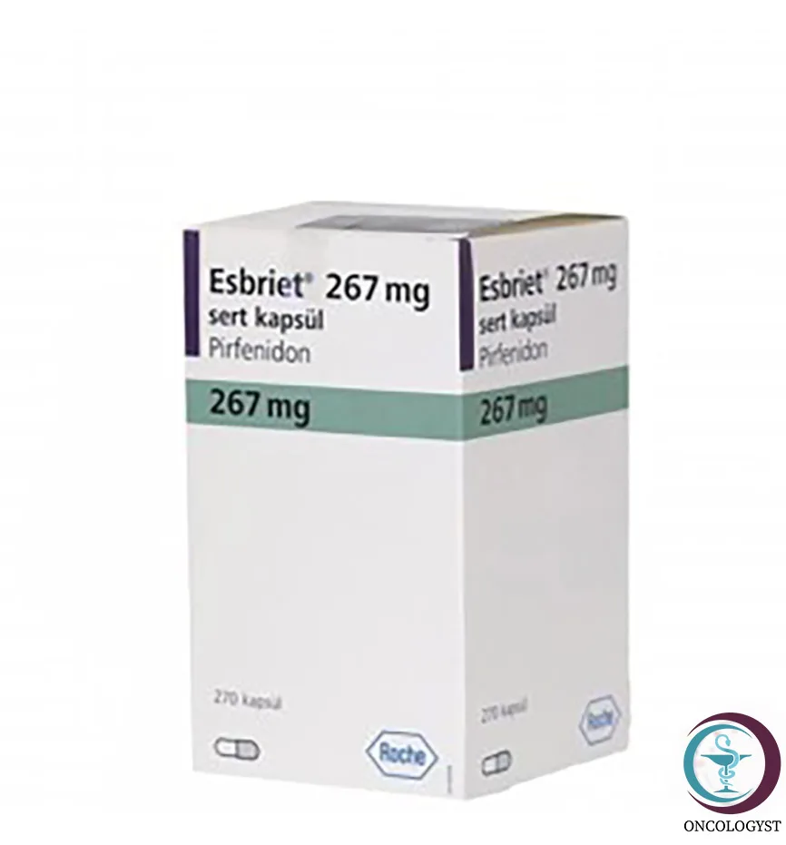 علبة كرتونية بيضاء ورمادية لكبسولات اسبريت 267 mg Esbriet المتاحة للشحن الطبي الموثوق من صيدلية اونكولوجيست في السعودية والرياض.