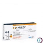 علبة كرتونية بيضاء وبرتقالية ومحقنة لدواء إيفينيتي 105 mg Evenity المتاحة للشحن الطبي الموثوق من صيدلية اونكولوجيست في السعودية والرياض.