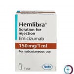 علبة كرتونية بيضاء وبشريط بني لحقن دواء هيمليبرا 150 mg / 1 ml Hemlibra المتاحة للشحن الطبي الموثوق في السعودية والرياض.