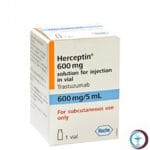 علبة كرتونية بيضاء وقارورة حقن لدواء هيرسيبتين 600 mg / 5 ml Herceptin المتاحة للشحن الطبي الموثوق في السعودية والرياض.