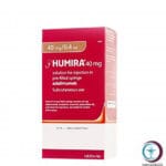 علبة كرتونية بيضاء وحمراء وحقن معبأة لدواء هيوميرا 40 mg / 0.4 ml Humira المتاحة للشحن الطبي الموثوق في السعودية والرياض.