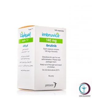 علبة كرتونية بيضاء وخضراء لكبسولات امبروفيكا 140 mg Imbruvica المتاحة للشحن الطبي الموثوق من صيدلية اونكولوجيست في السعودية والرياض.