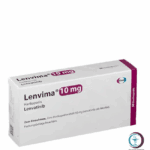 علبة كرتونية بيضاء وشريط أحمر داكن لكبسولات لينفيما 10 mg Lenvima المتاحة للشحن الطبي الموثوق في السعودية والرياض.