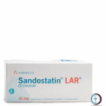 علبة كرتونية بيضاء وقارورة حقن لدواء ساندوستاتين لار 30 mg Sandostatin LAR المتاحة للشحن الطبي الموثوق في السعودية والرياض.