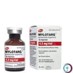 علبة كرتونية وقارورة حقن لدواء مايلوتارج 4.5 mg Mylotarg المتاحة للشحن الطبي الموثوق من صيدلية اونكولوجيست في السعودية والرياض.