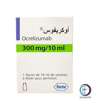 علبة كرتونية بيضاء وقارورة محلول حقن لدواء اوكريفوس 300 mg Ocrevus المتاحة للشحن الطبي الموثوق من صيدلية اونكولوجيست في السعودية والرياض.