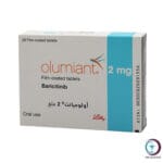 علبة كرتونية بيضاء وسماوية لأقراص الوميانت 2 mg Olumiant المتاحة للشحن الطبي الموثوق من صيدلية اونكولوجيست في السعودية والرياض.
