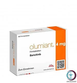 علبة كرتونية بيضاء وبرتقالية لأقراص الوميانت 4 mg Olumiant المتاحة للشحن الطبي الموثوق من صيدلية اونكولوجيست في السعودية والرياض.