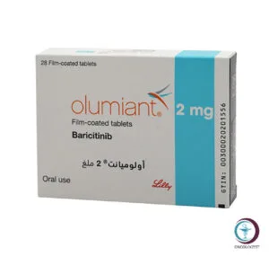 علبة كرتونية بيضاء وسماوية لأقراص الوميانت 2 mg Olumiant المتاحة للشحن الطبي الموثوق من صيدلية اونكولوجيست في السعودية والرياض.