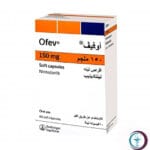 علبة كرتونية بيضاء وبرتقالية لكبسولات أوفيف 150 mg Ofev المتاحة للشحن الطبي الموثوق من صيدلية اونكولوجيست في السعودية والرياض.