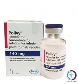 علبة كرتونية بيضاء وقارورة مسحوق حقن لدواء بوليفي 140 mg Polivy المتاحة للشحن الطبي الموثوق من صيدلية اونكولوجيست في السعودية والرياض.