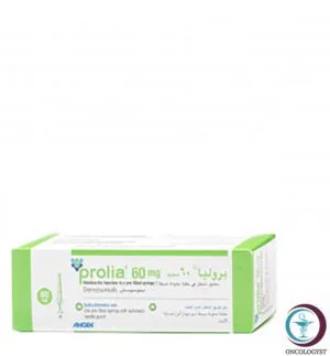 علبة كرتونية بيضاء وخضراء ومحقنة معبأة لدواء بروليا 60 mg Prolia المتاحة للشحن الطبي الموثوق من صيدلية اونكولوجيست في السعودية والرياض.