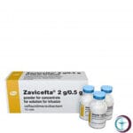 علبة كرتونية بيضاء وقوارير زجاجية لمحلول دواء زافيسفتا 2 g / 0.5 g Zavicefta المتاحة للشحن الطبي الموثوق في السعودية والرياض.