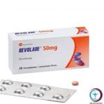علبة كرتونية بيضاء وبشريط برتقالي وشريط أقراص لدواء ريفولاد 50 mg Revolade المتاح للشحن الطبي الموثوق في السعودية والرياض.