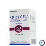 علبة كرتونية بيضاء وبشريط أحمر لأقراص سبرايسل 50 mg Sprycel المتاحة للشحن الطبي الموثوق في السعودية والرياض.