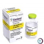 علبة كرتونية بيضاء وقارورة محلول تسريب وريدي لدواء ستيلارا 130 mg / 26 ml Stelara المتاحة للشحن الطبي الموثوق في السعودية والرياض.