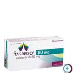 علبة كرتونية بيضاء وشريط أقراص لدواء تاجريسو 80 mg Tagrisso المتاح للشحن الطبي الموثوق من صيدلية اونكولوجيست في السعودية والرياض.