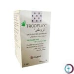علبة كرتونية وقارورة حقن لدواء ترودلفي 200 mg Trodelvy المتاحة للشحن الطبي الموثوق من صيدلية اونكولوجيست في السعودية والرياض.