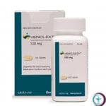 علبة كرتونية وزجاجة أقراص دواء فينكلكستا 100 mg Venclexta المتاحة للشحن الطبي الموثوق في السعودية والرياض.