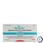 علبة كرتونية بيضاء وبشريط أزرق لأقراص فيرزينيو 150 mg Verzenio المتاحة للشحن الطبي الموثوق في السعودية والرياض.