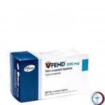 علبة كرتونية بيضاء وزرقاء لأقراص ففند 200 mg Vfend المتاحة للشحن الطبي الموثوق في السعودية والرياض.