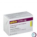 علبة كرتونية بيضاء ومحقنة جاهزة للحقن لدواء زولير 150 mg Xolair المتاح للشحن الطبي الموثوق في السعودية والرياض.
