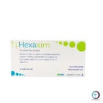 علبة كرتونية بيضاء وخضراء لقوارير لقاح هيكساكسيم 0.5 ml Hexaxim المتاحة للشحن الطبي الموثوق في السعودية والرياض.