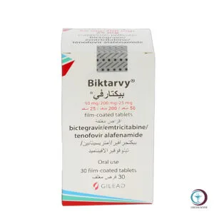 علبة كرتونية بيضاء ووردية لأقراص بيكتارفى 50/200/25 mg المتاحة للشحن الطبي الموثوق في السعودية والرياض.
