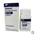 علبة كرتونية بيضاء وزرقاء لكبسولات سوتنت 25 mg بجانب زجاجة الدواء الأصلية المتاحة للشحن الطبي الموثوق في السعودية والرياض