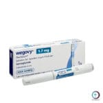علبة كرتونية بيضاء وزرقاء سماوية وقلم حاقن لدواء ويغوفي 1.7 mg Wegovy المتاح للشحن الطبي الموثوق في السعودية والرياض.