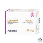 علبة كرتونية بيضاء وصفراء لـ ليناميد 25 مجم كبسولات من شركة أماروكس المتاحة للشحن الطبي الموثوق في السعودية والرياض