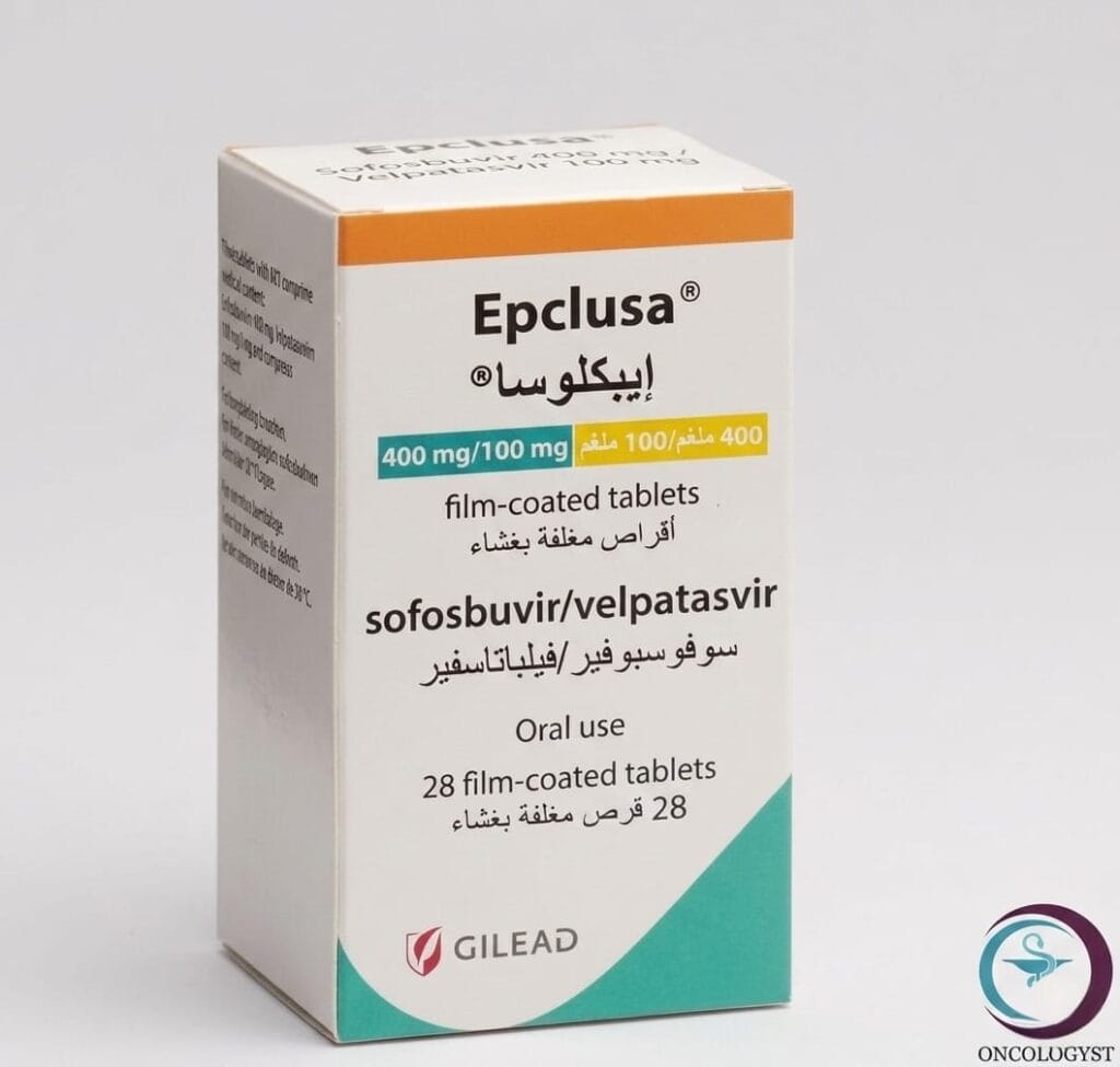 علبة كرتونية بيضاء وزرقاء لأقراص ابكليوسا 400/100 mg Epclusa المتاحة للشحن الطبي الموثوق من صيدلية اونكولوجيست في السعودية والرياض.