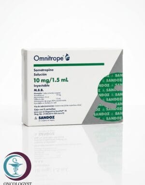 علبة كرتونية بيضاء وخضراء لحقن أومنيتروب 10 mg/1.5 mL المتاحة للشحن الطبي الموثوق في السعودية والرياض.