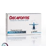 علبة كرتونية بيضاء وسوداء لأمبولات ديكافورتيس Decafortis 1 g/4 ml المتاحة للشحن الطبي الموثوق في السعودية والرياض.