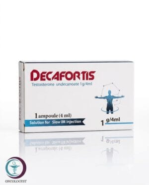 علبة كرتونية بيضاء وسوداء لأمبولات ديكافورتيس Decafortis 1 g/4 ml المتاحة للشحن الطبي الموثوق في السعودية والرياض.