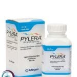 علبة كرتونية بيضاء وزرقاء وعبوة كبسولات دواء بايليرا 140+125+125 mg Pylera المتاحة للشحن الطبي الموثوق في السعودية والرياض.